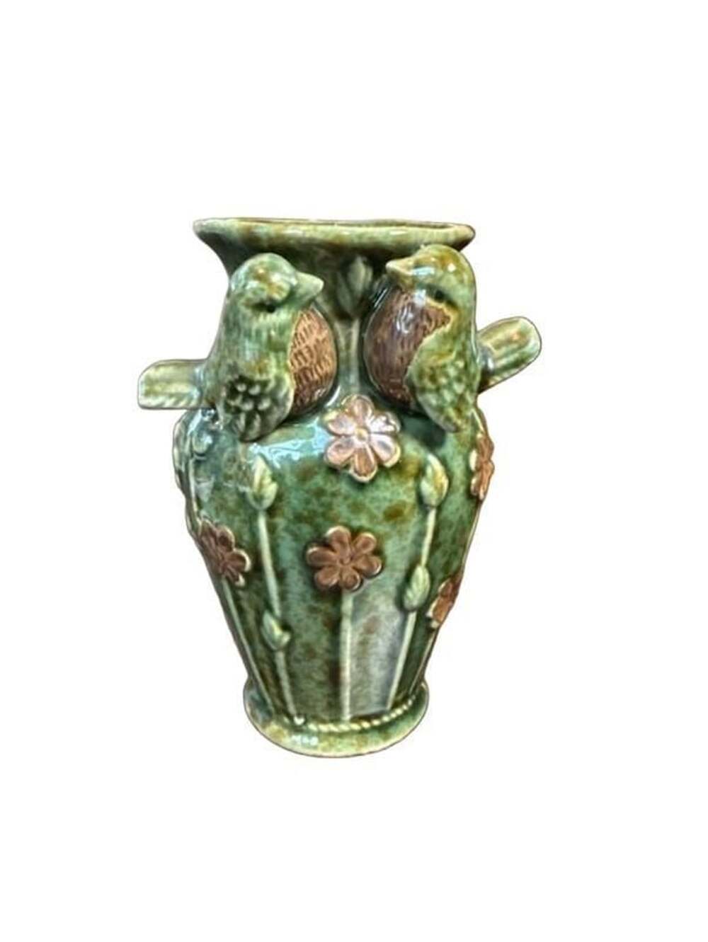 Majolica Style Glazed Ceramic Vase With Birds and Flowers Green, 5.5”